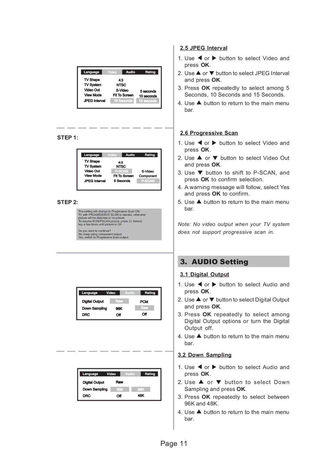 Koss 625p, 525p manual Audio Setting, Jpeg Interval, Progressive Scan, Digital Output, Down Sampling 