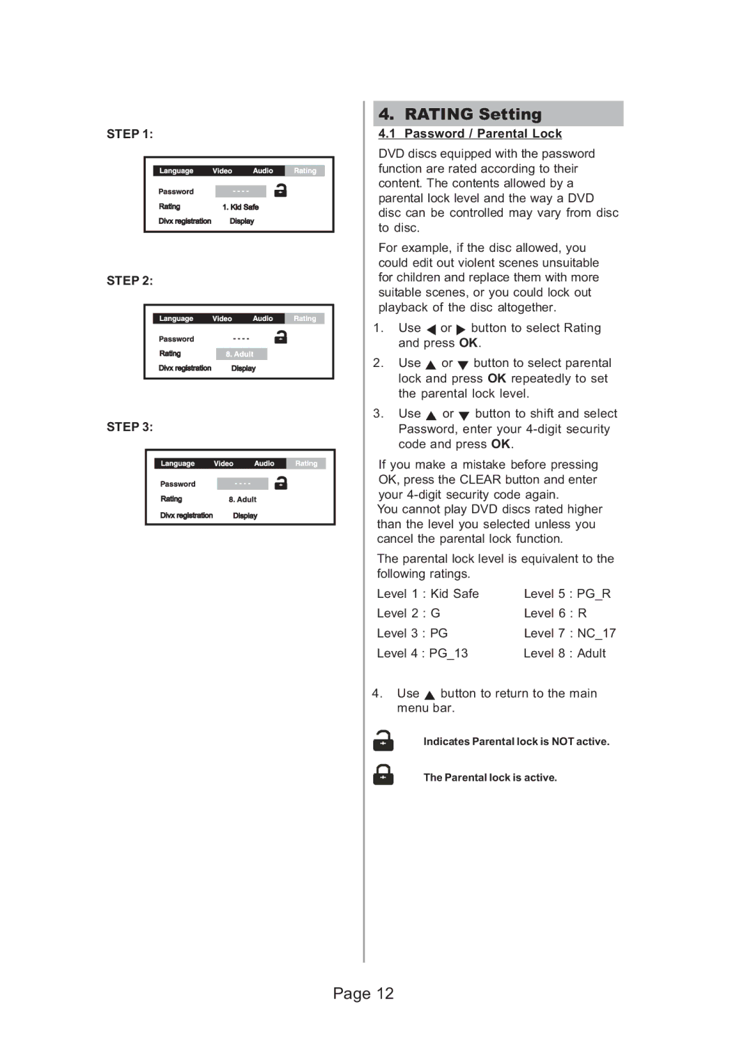 Koss 525p, 625p manual Rating Setting, Password / Parental Lock 