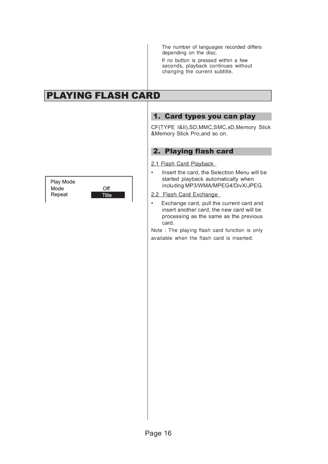 Koss 525p, 625p Playing Flash Card, Card types you can play, Playing flash card, Flash Card Playback, Flash Card Exchange 