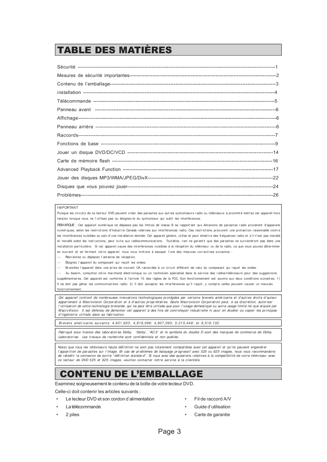 Koss 525p, 625p manual Table DES Matières, Contenu DE L’EMBALLAGE 