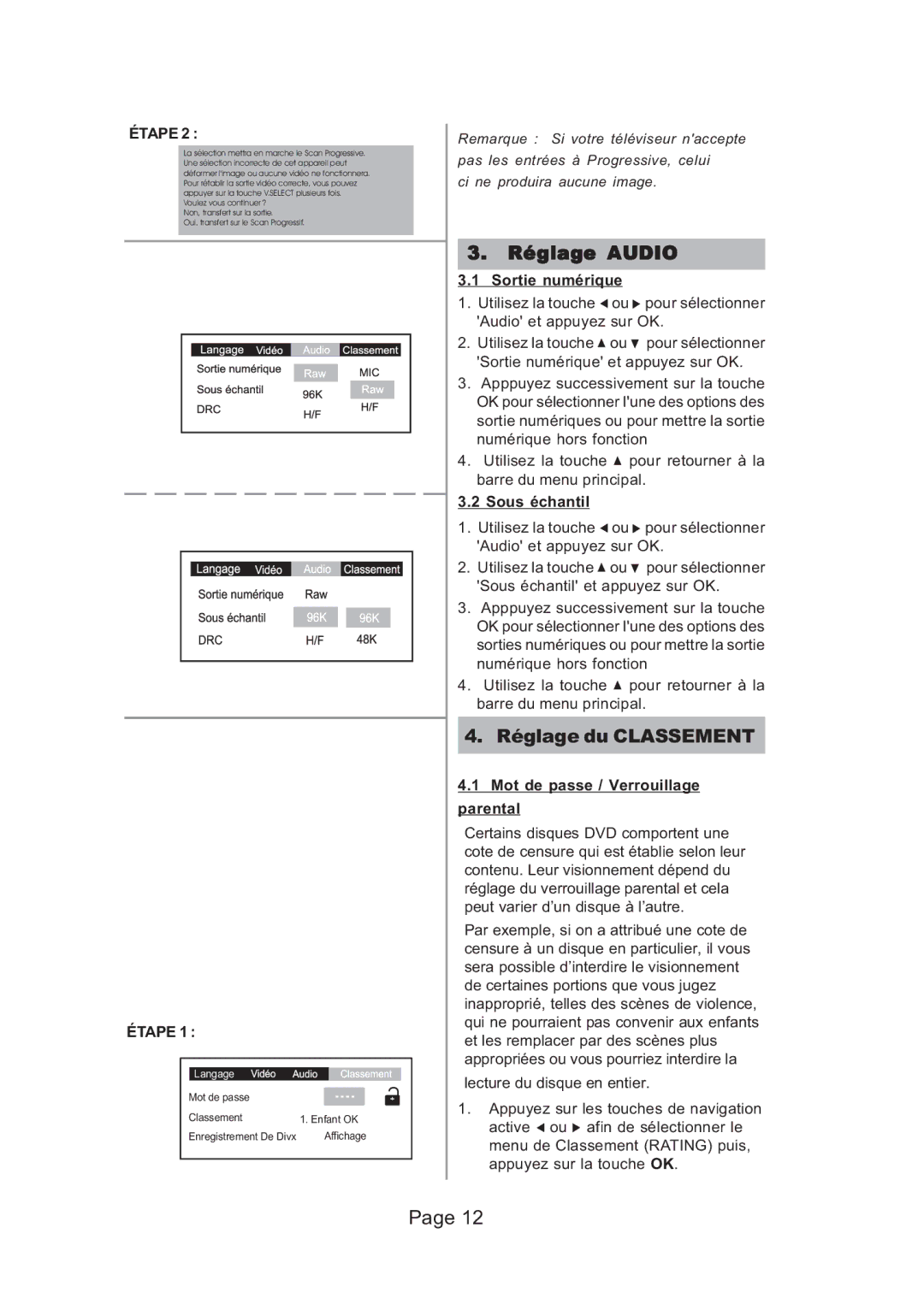 Koss 625p Réglage Audio, Réglage du Classement, Sortie numérique, Sous échantil, Mot de passe / Verrouillage parental 