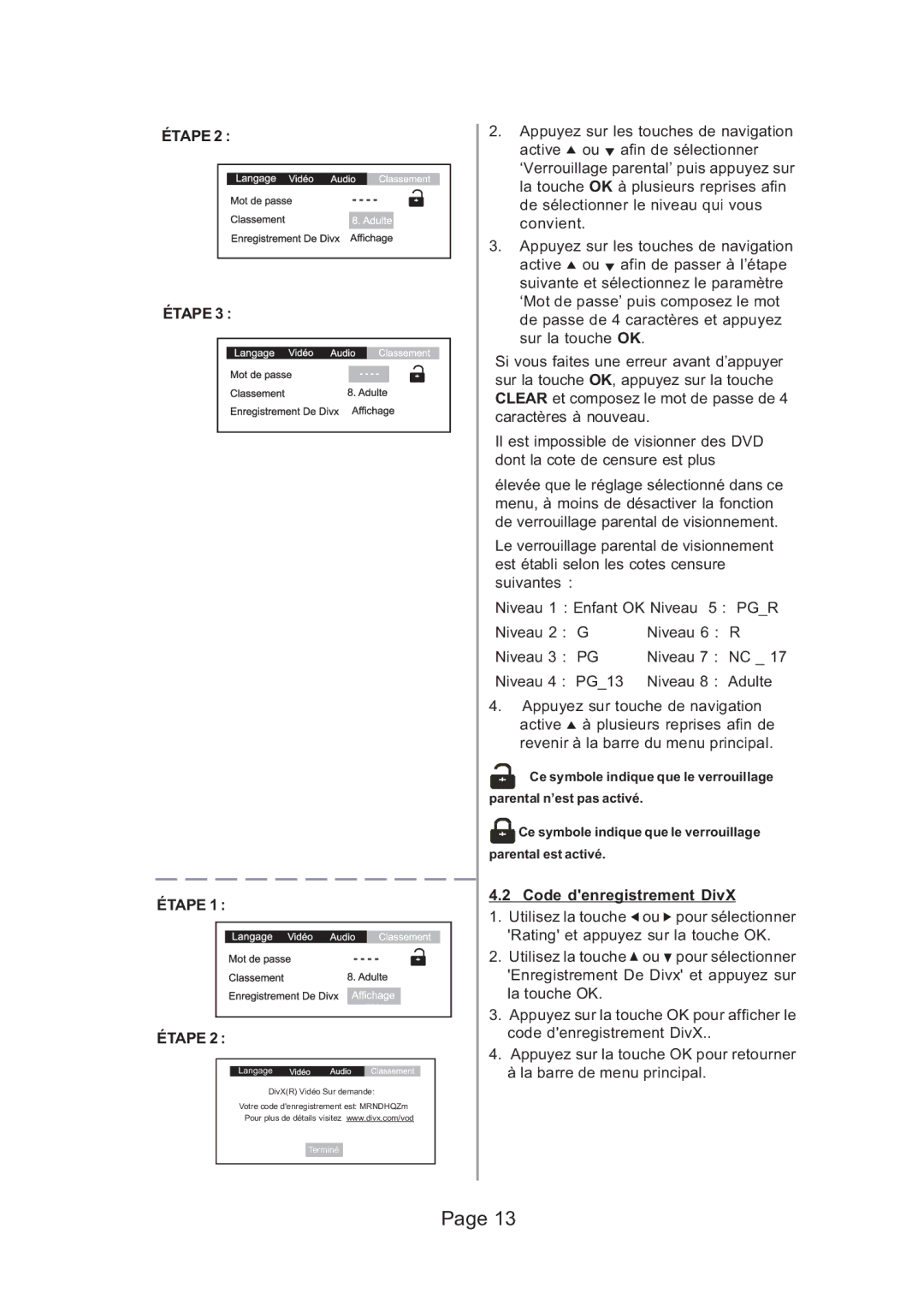 Koss 525p, 625p manual Code denregistrement DivX 