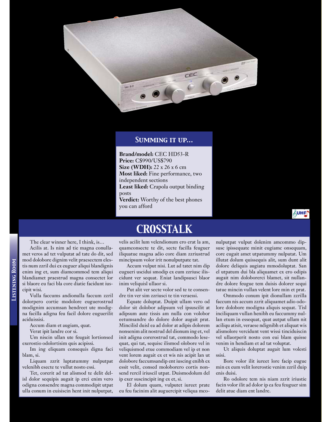 Koss 76 manual Crosstalk, Summing It Up…, Brand/model CEC HD53-R 