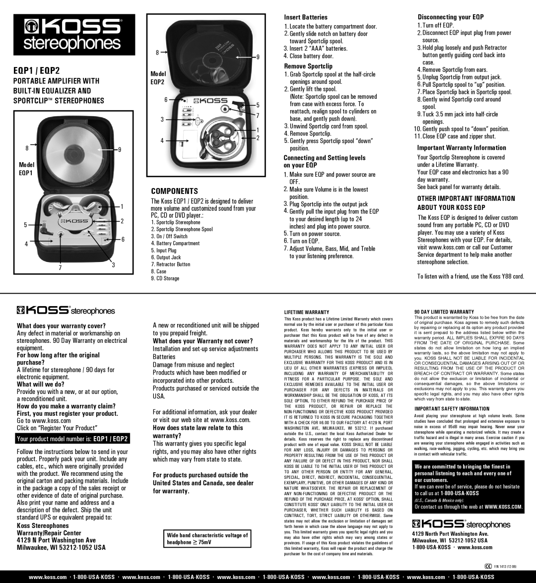 Koss EQP1 warranty Insert Batteries, Remove Sportclip, Connecting and Setting levels on your EQP, Disconnecting your EQP 