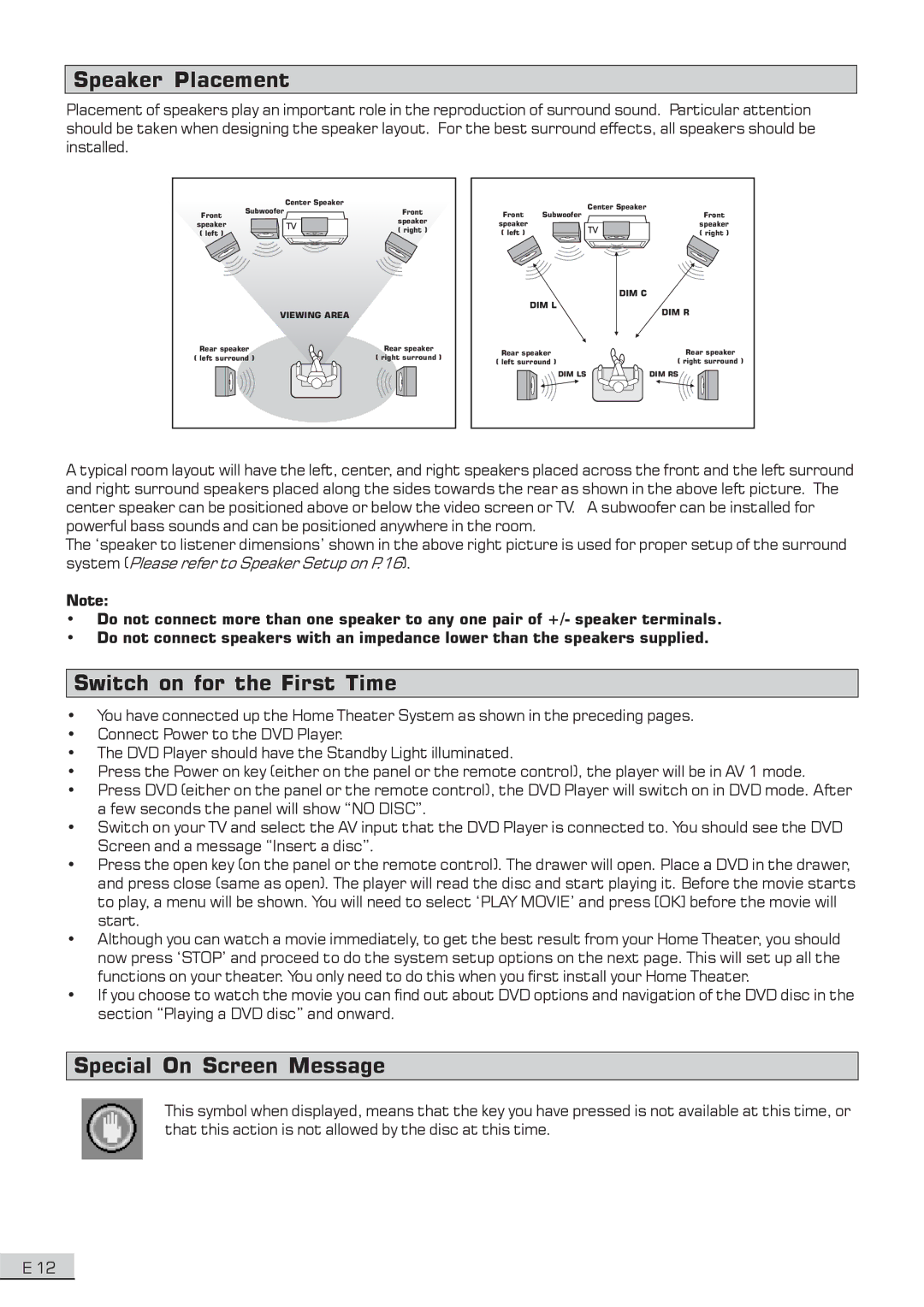 Koss KS3101A-2 instruction manual Speaker Placement, Switch on for the First Time, Special On Screen Message 