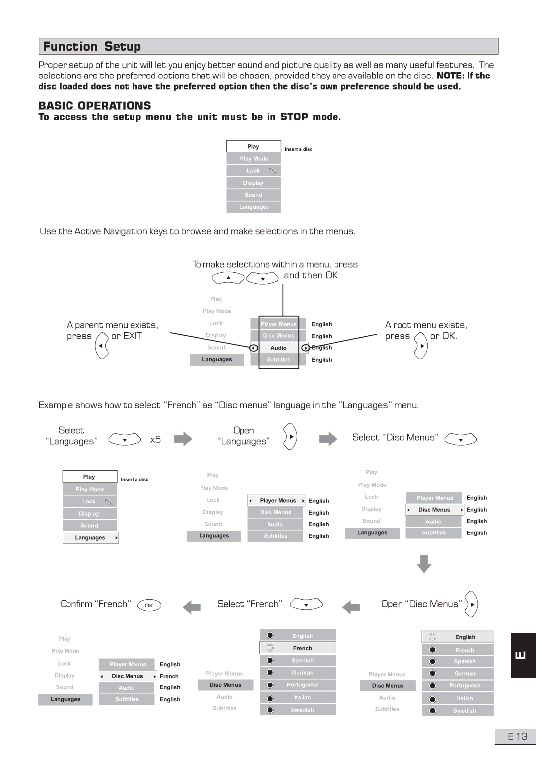 Koss KS3101A-2 instruction manual Function Setup, Basic Operations, To access the setup menu the unit must be in Stop mode 