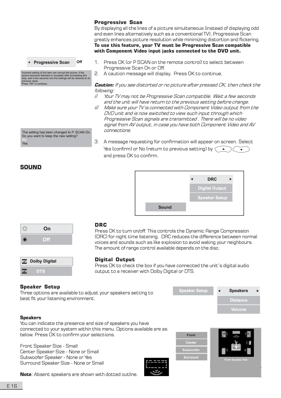 Koss KS3101A-2 instruction manual Sound, Progressive Scan, Digital Output, Speaker Setup 