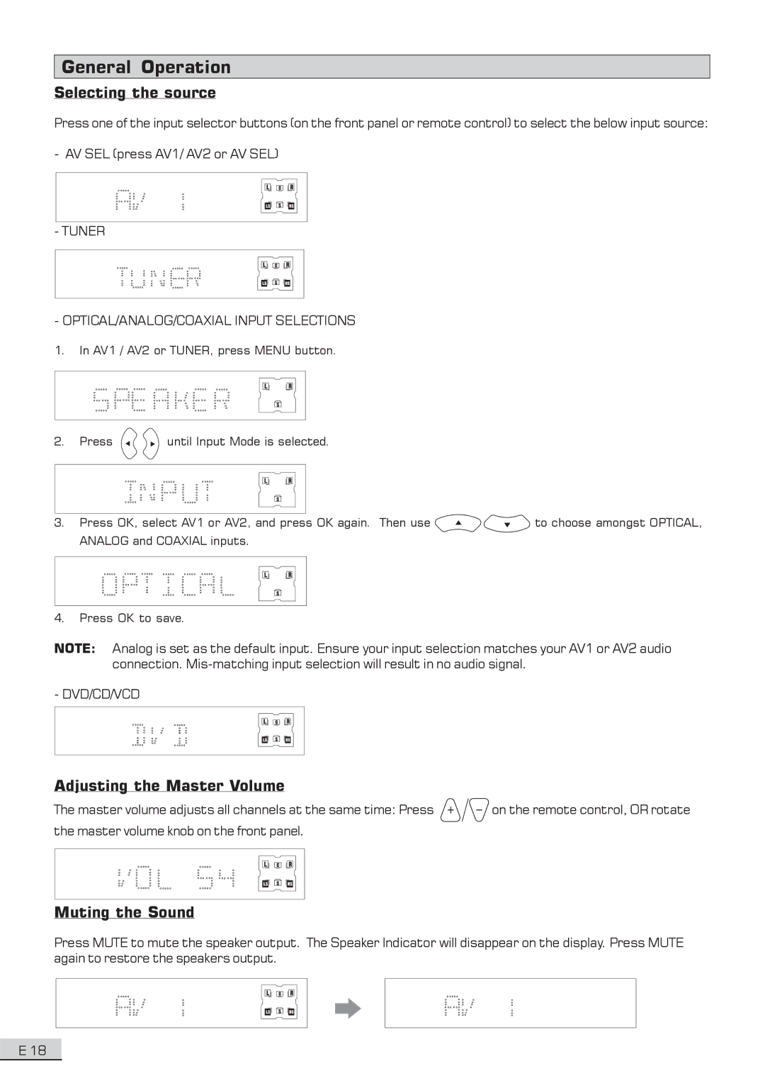 Koss KS3101A-2 instruction manual General Operation, Selecting the source, Adjusting the Master Volume, Muting the Sound 