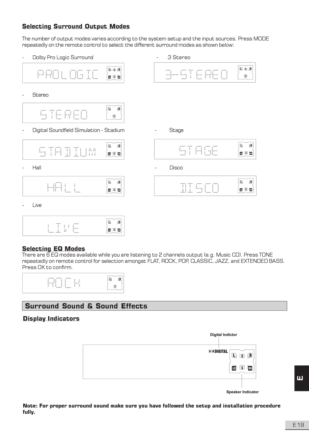 Koss KS3101A-2 Surround Sound & Sound Effects, Selecting Surround Output Modes, Selecting EQ Modes, Display Indicators 