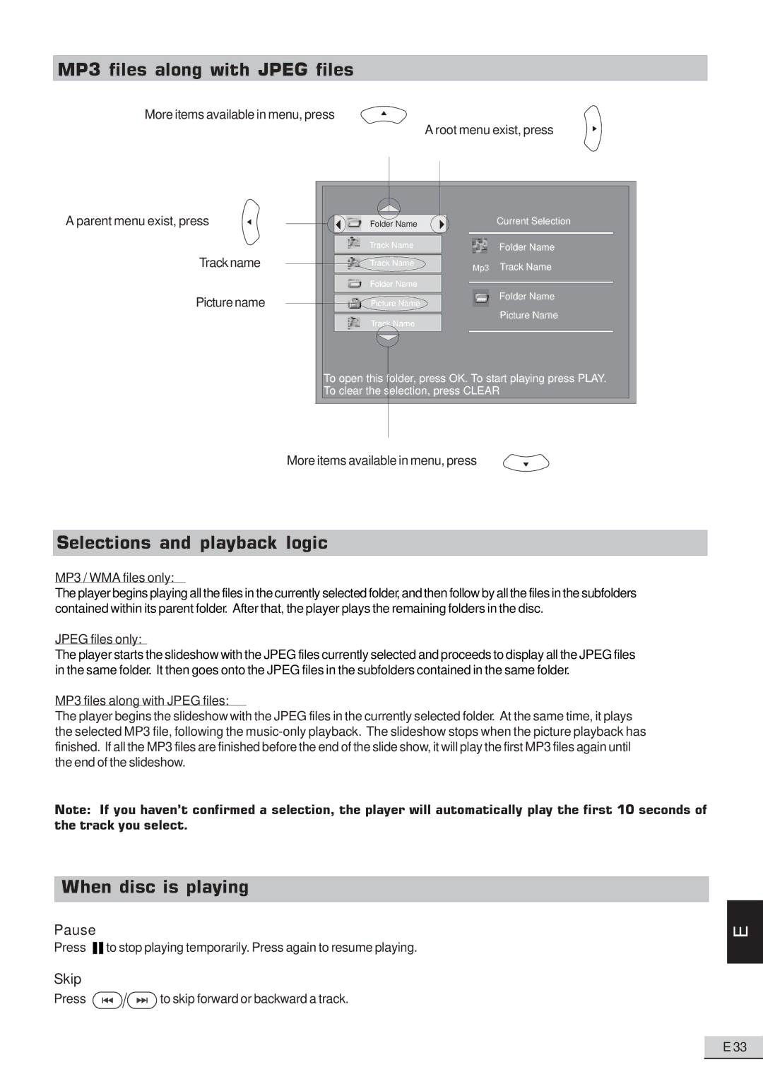 Koss KS3101A-2 instruction manual MP3 files along with Jpeg files, Selections and playback logic, When disc is playing 