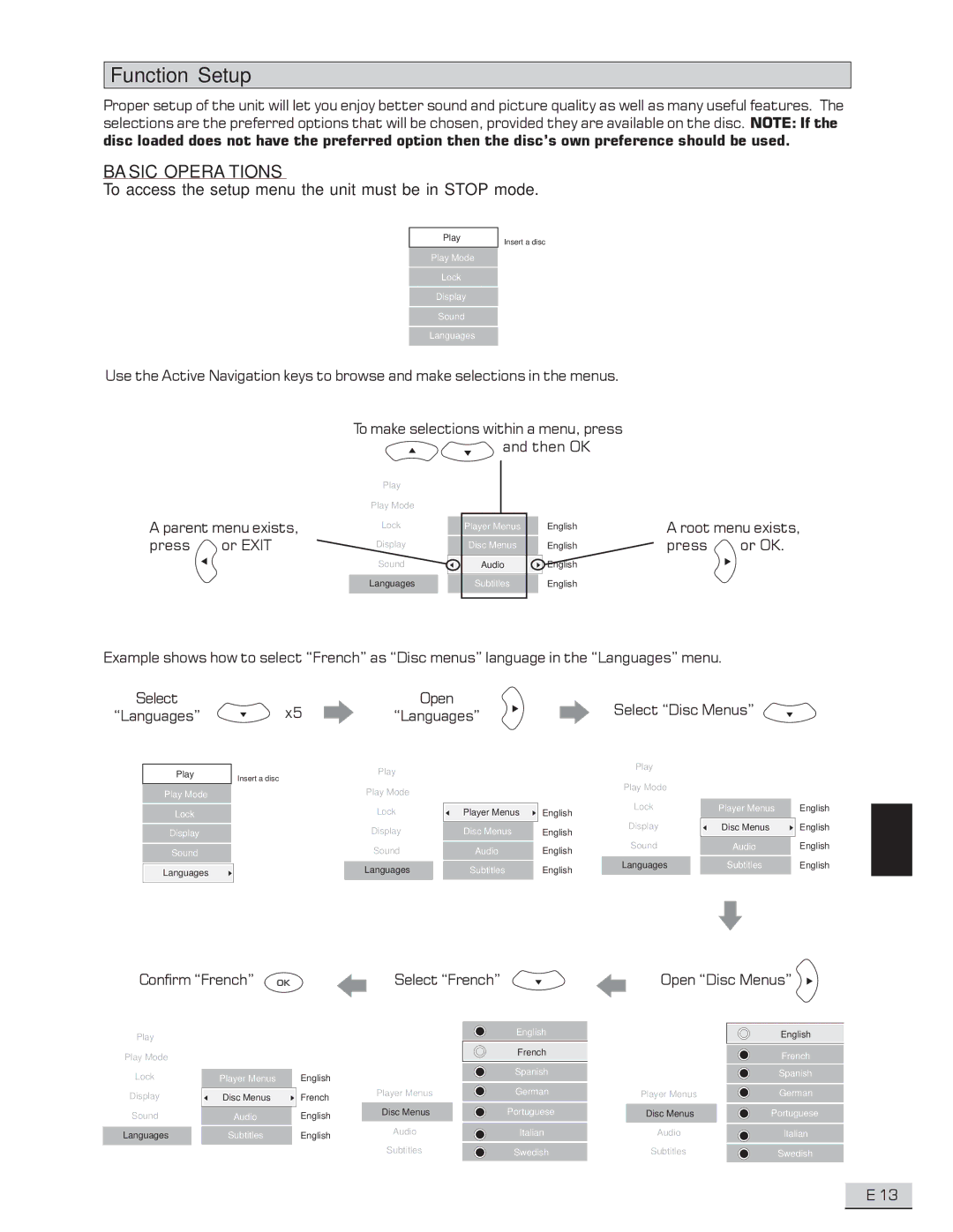 Koss KS4192 manual Function Setup, Basic Operations, To access the setup menu the unit must be in Stop mode 