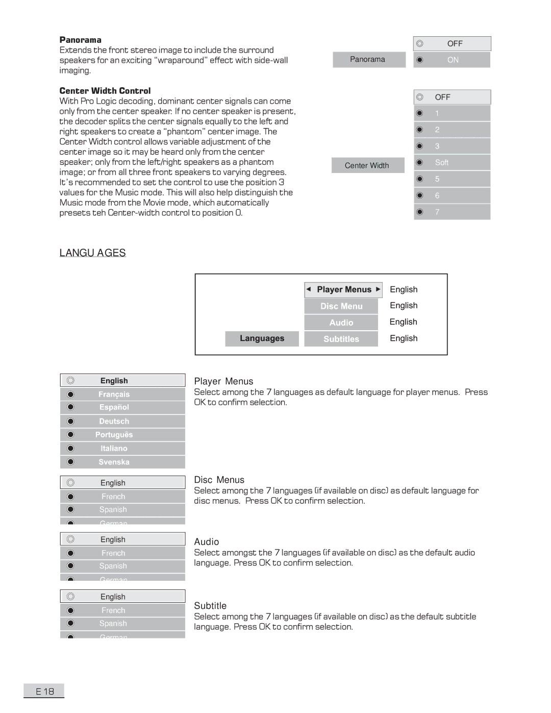 Koss KS4192 manual Languages, Player Menus, Disc Menus, Audio, Subtitle 