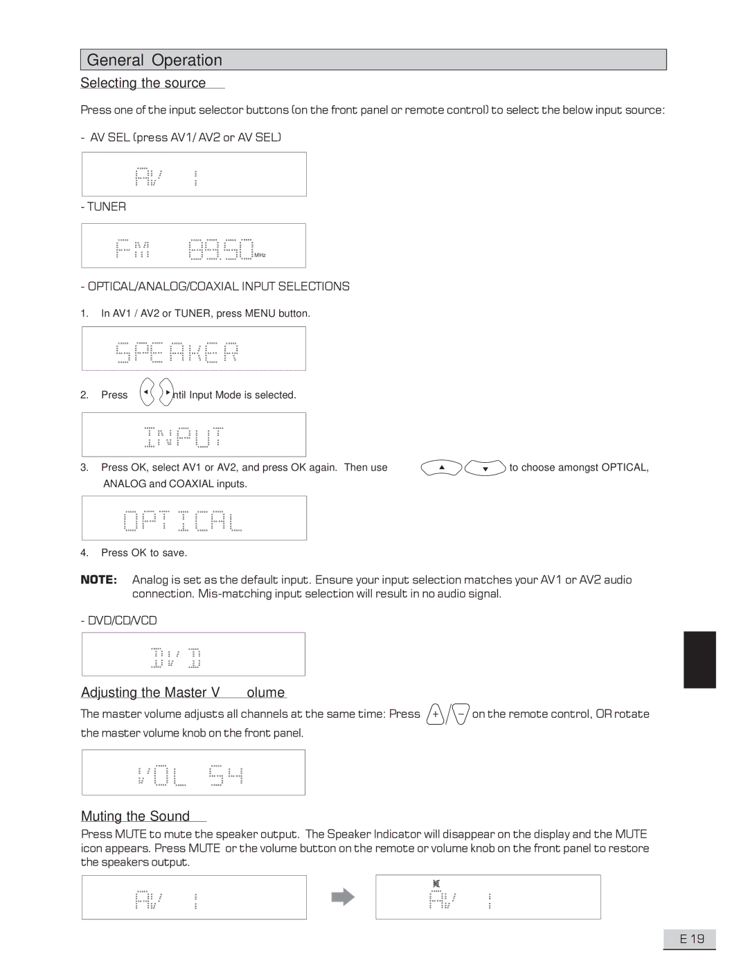 Koss KS4192 manual General Operation, Selecting the source, Adjusting the Master Volume, Muting the Sound 