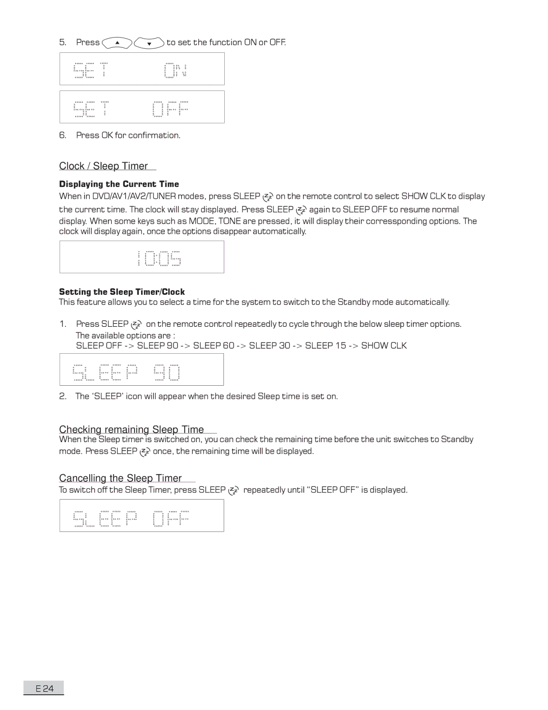 Koss KS4192 manual Clock / Sleep Timer, Checking remaining Sleep Time, Cancelling the Sleep Timer 