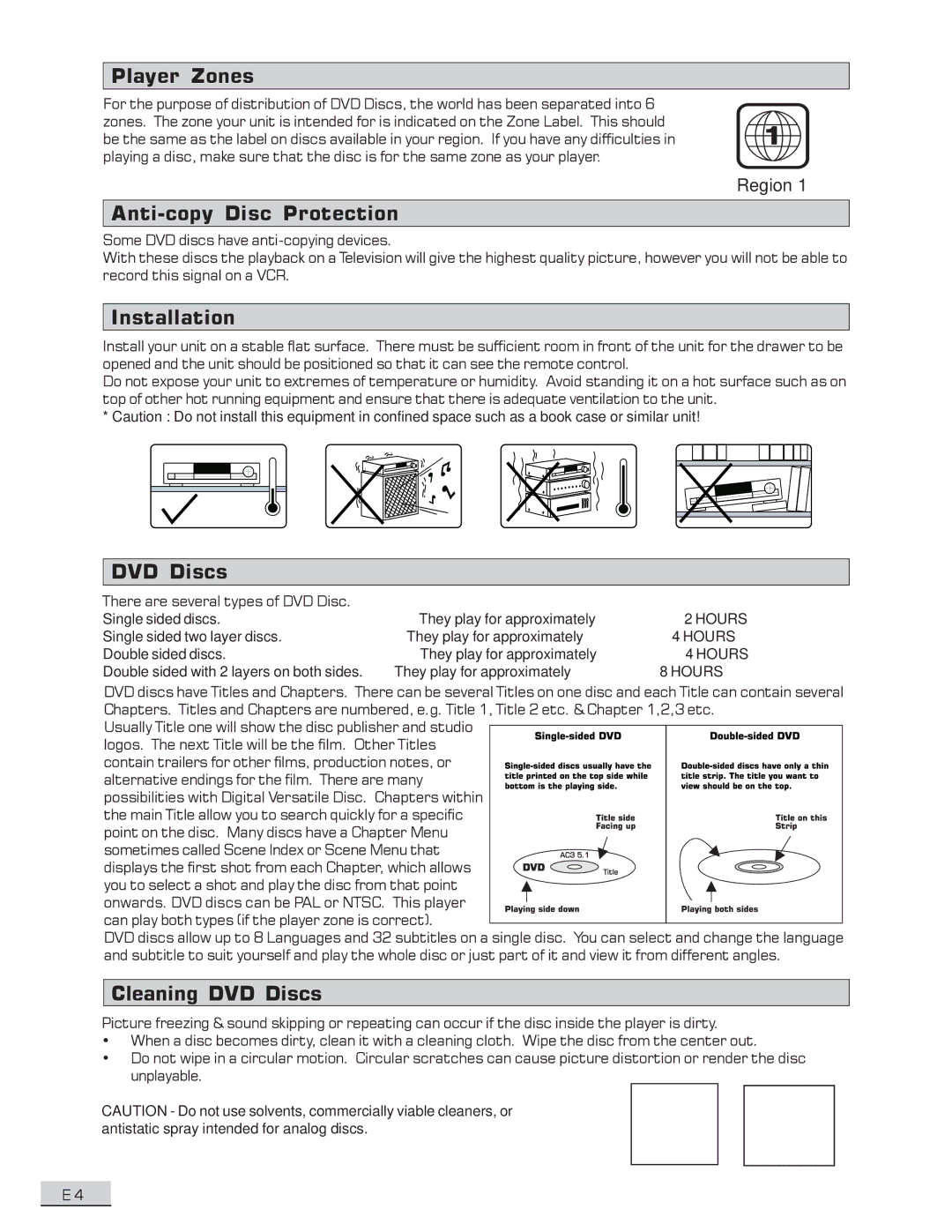 Koss KS4192 manual Player Zones, Anti-copy Disc Protection, Installation, Cleaning DVD Discs 