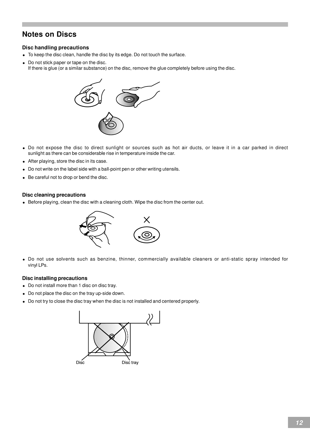 Koss KS4380-2 manual Disc handling precautions, Disc cleaning precautions, Disc installing precautions 