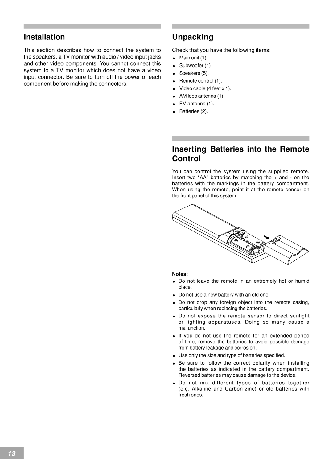 Koss KS4380-2 manual Installation, Unpacking, Inserting Batteries into the Remote Control 