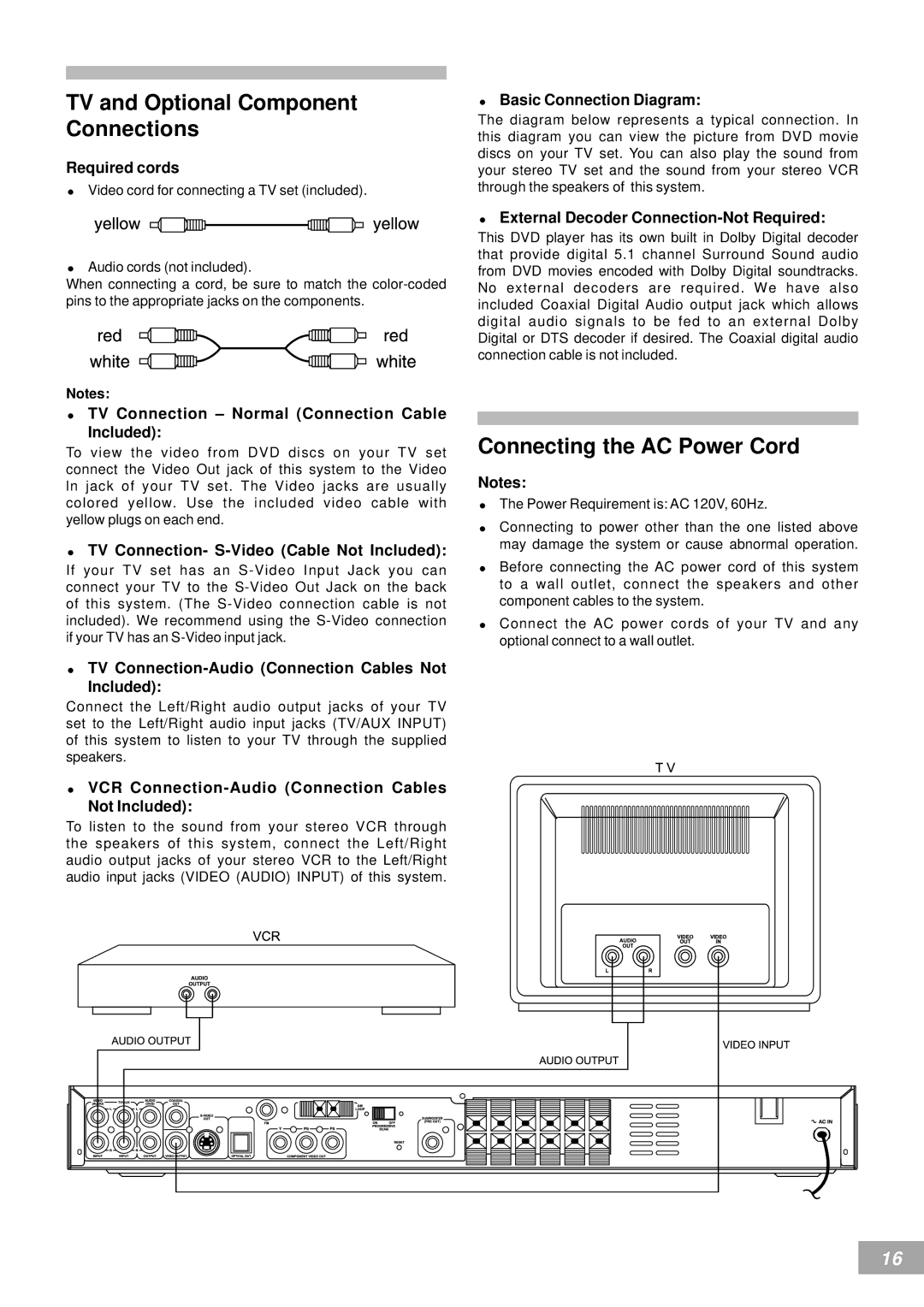 Koss KS4380-2 manual TV and Optional Component Connections, Connecting the AC Power Cord 