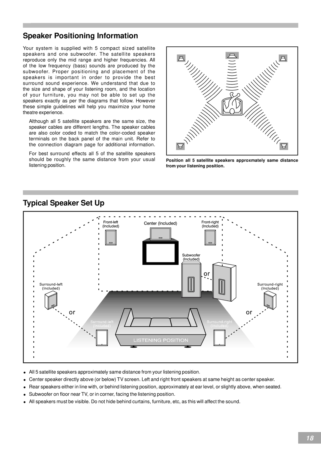 Koss KS4380-2 manual Speaker Positioning Information, Typical Speaker Set Up 