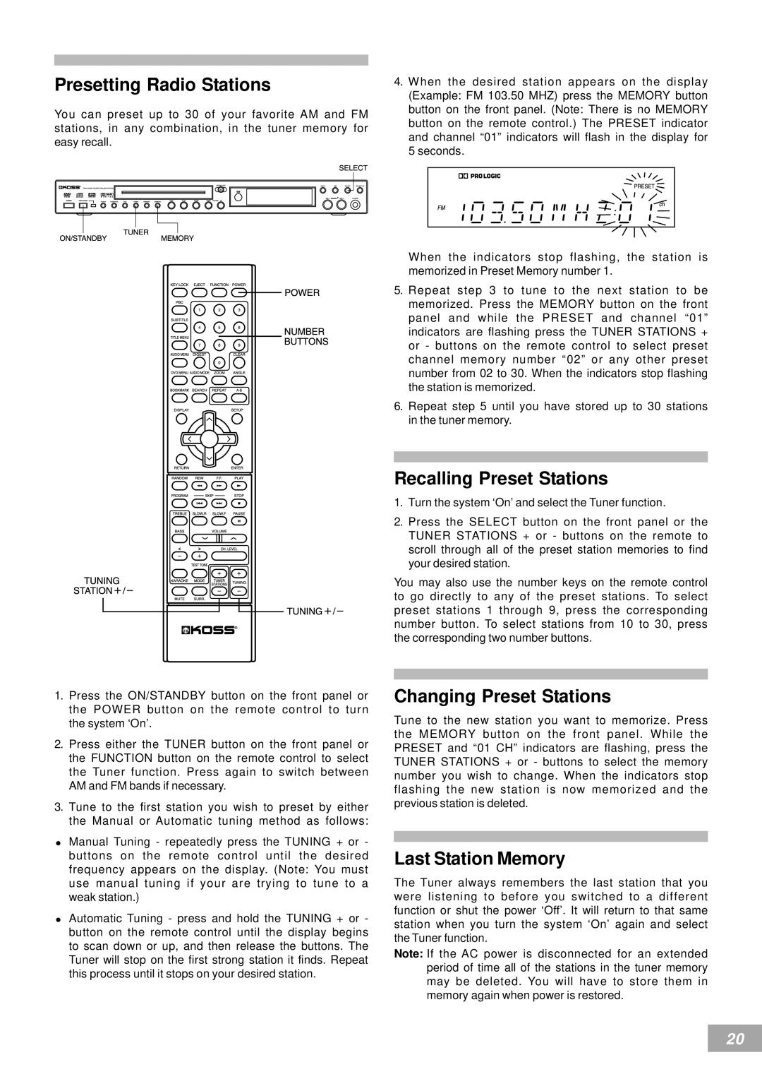 Koss KS4380-2 manual Presetting Radio Stations, Recalling Preset Stations, Changing Preset Stations, Last Station Memory 