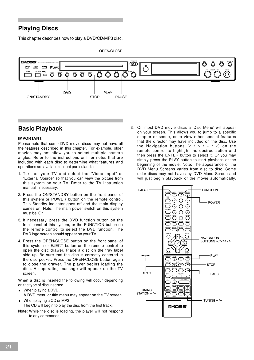 Koss KS4380-2 manual Playing Discs, Basic Playback 