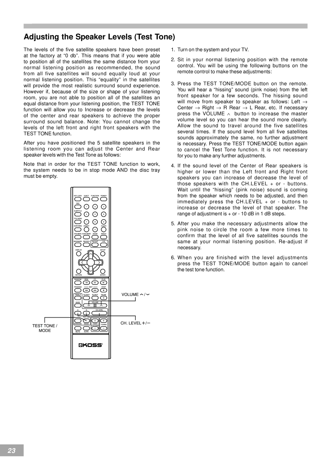 Koss KS4380-2 manual Adjusting the Speaker Levels Test Tone 