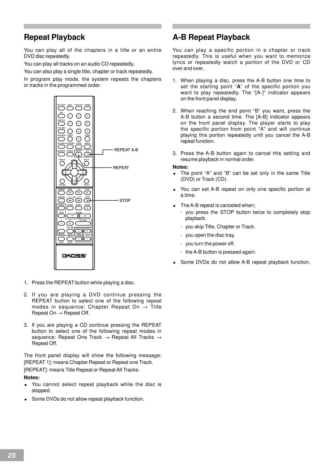 Koss KS4380-2 manual Repeat Playback 