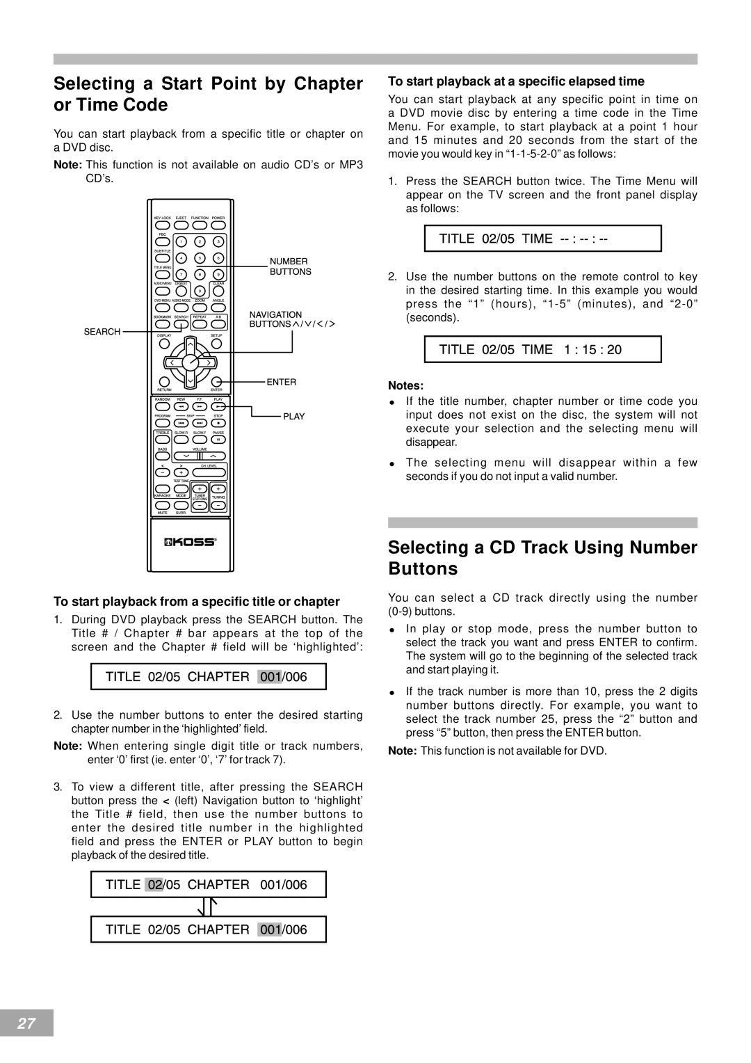 Koss KS4380-2 manual Selecting a Start Point by Chapter or Time Code, Selecting a CD Track Using Number Buttons 