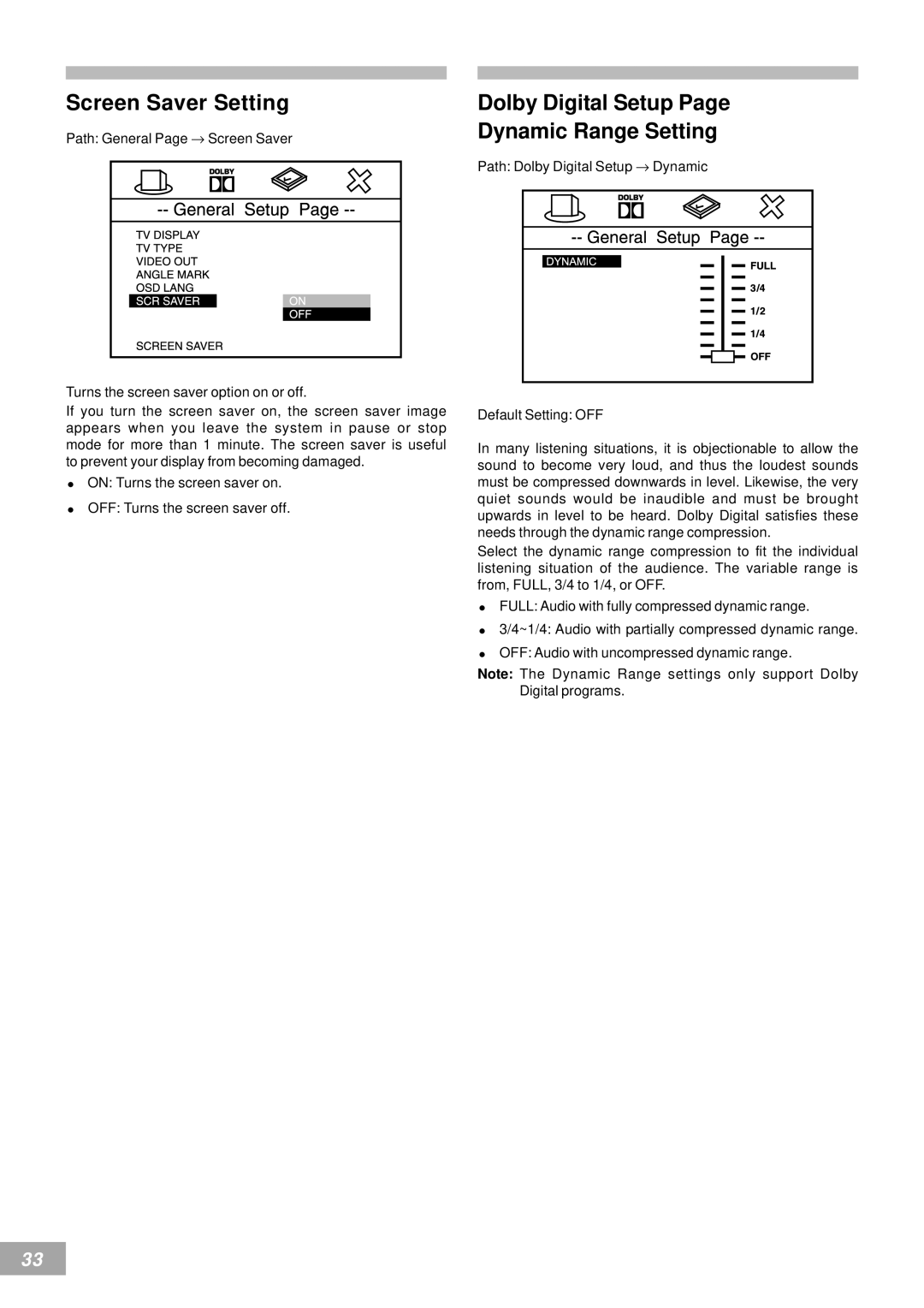 Koss KS4380-2 manual Screen Saver Setting, Dolby Digital Setup Dynamic Range Setting 