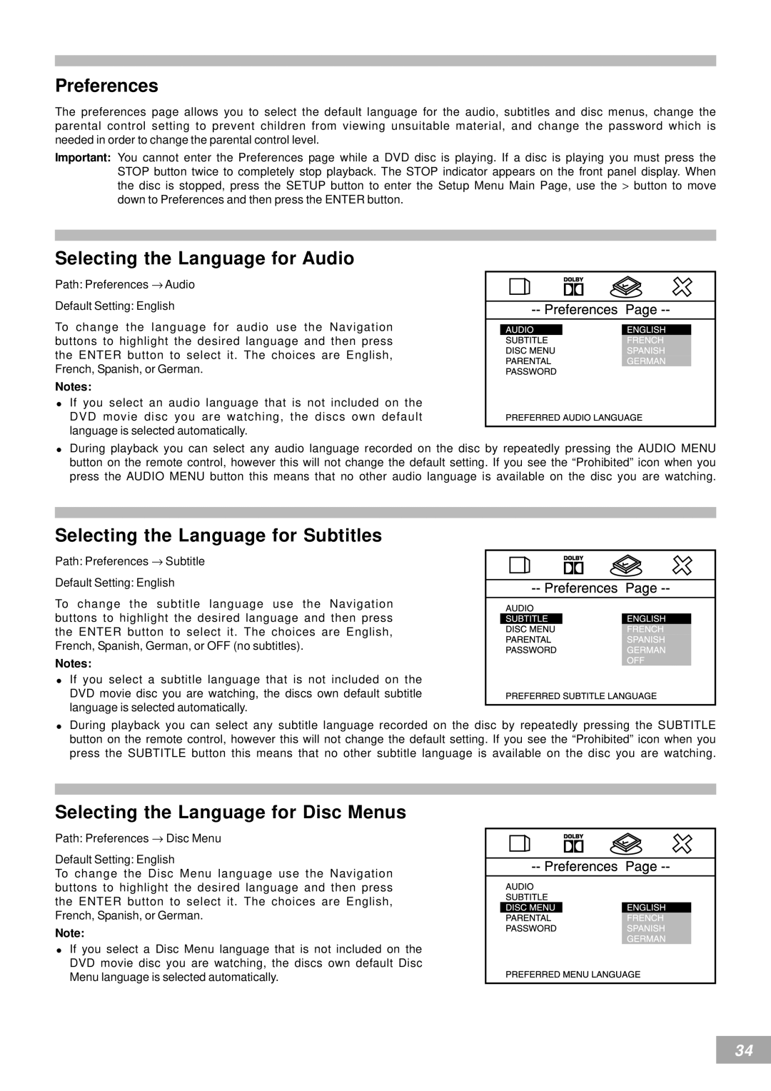 Koss KS4380-2 manual Preferences, Selecting the Language for Audio, Selecting the Language for Subtitles 