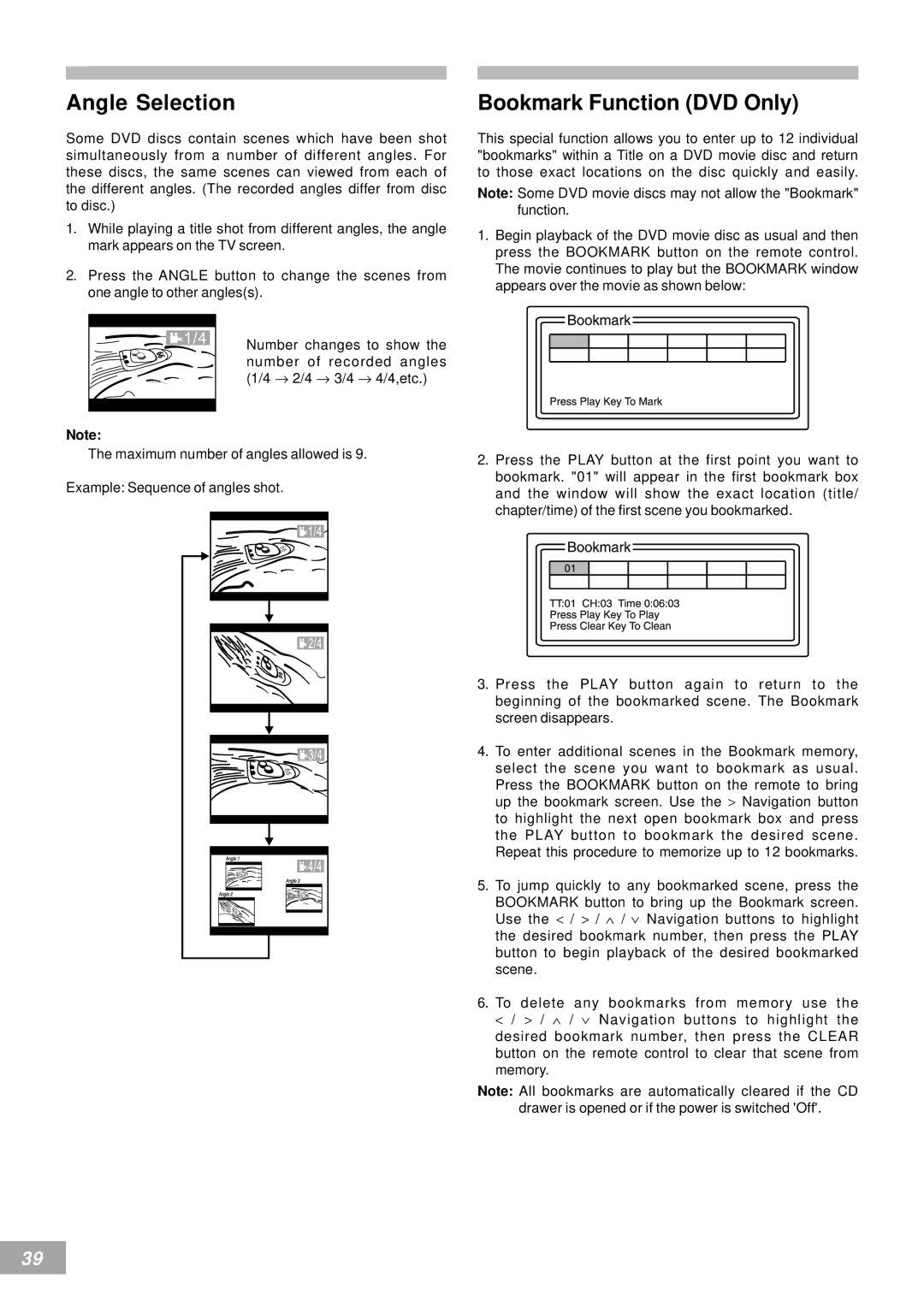 Koss KS4380-2 manual Angle Selection, Bookmark Function DVD Only 