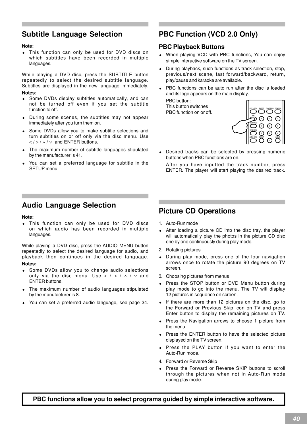 Koss KS4380-2 Subtitle Language Selection, PBC Function VCD 2.0 Only, Audio Language Selection, Picture CD Operations 