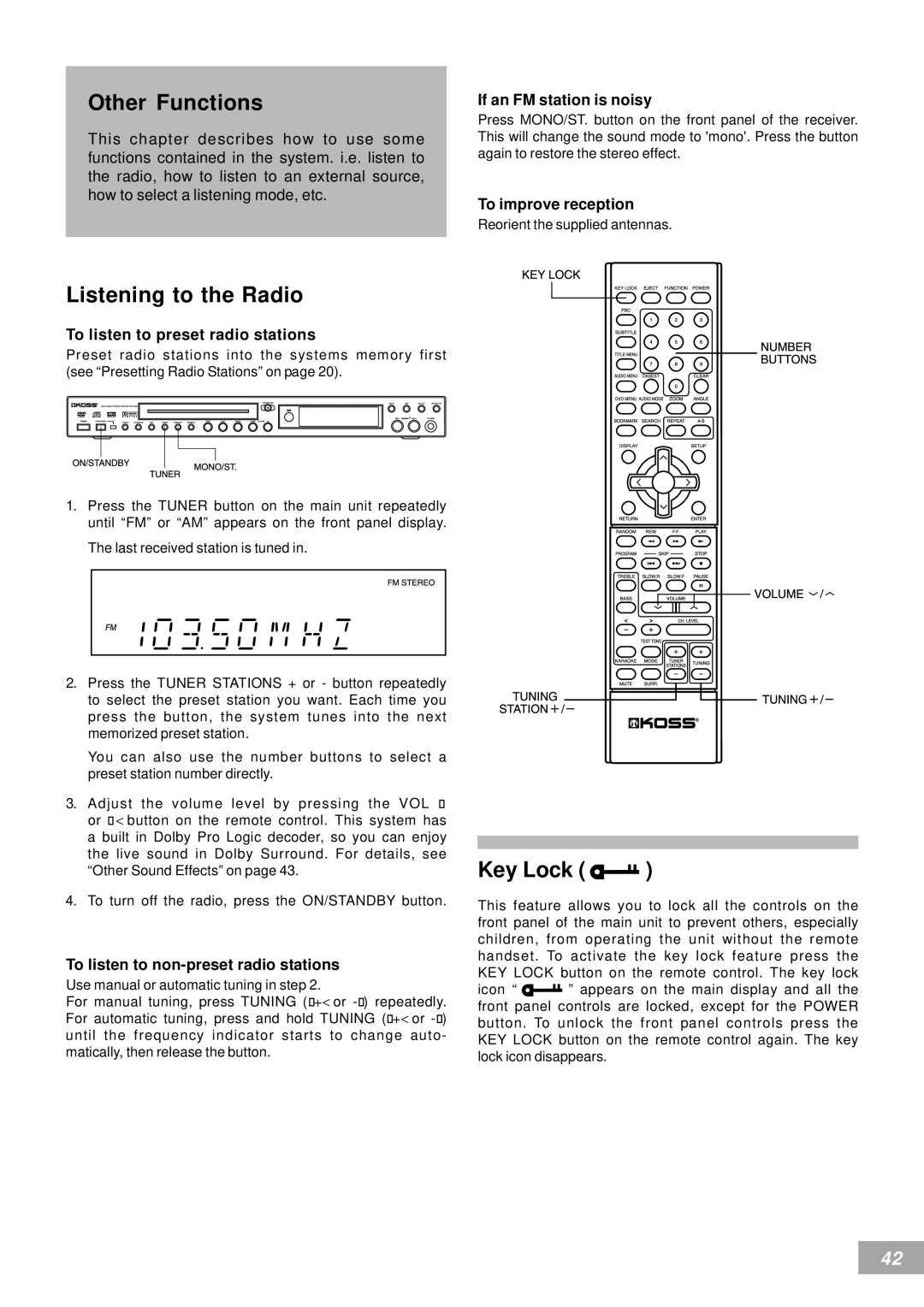 Koss KS4380-2 manual Other Functions, Listening to the Radio, Key Lock 