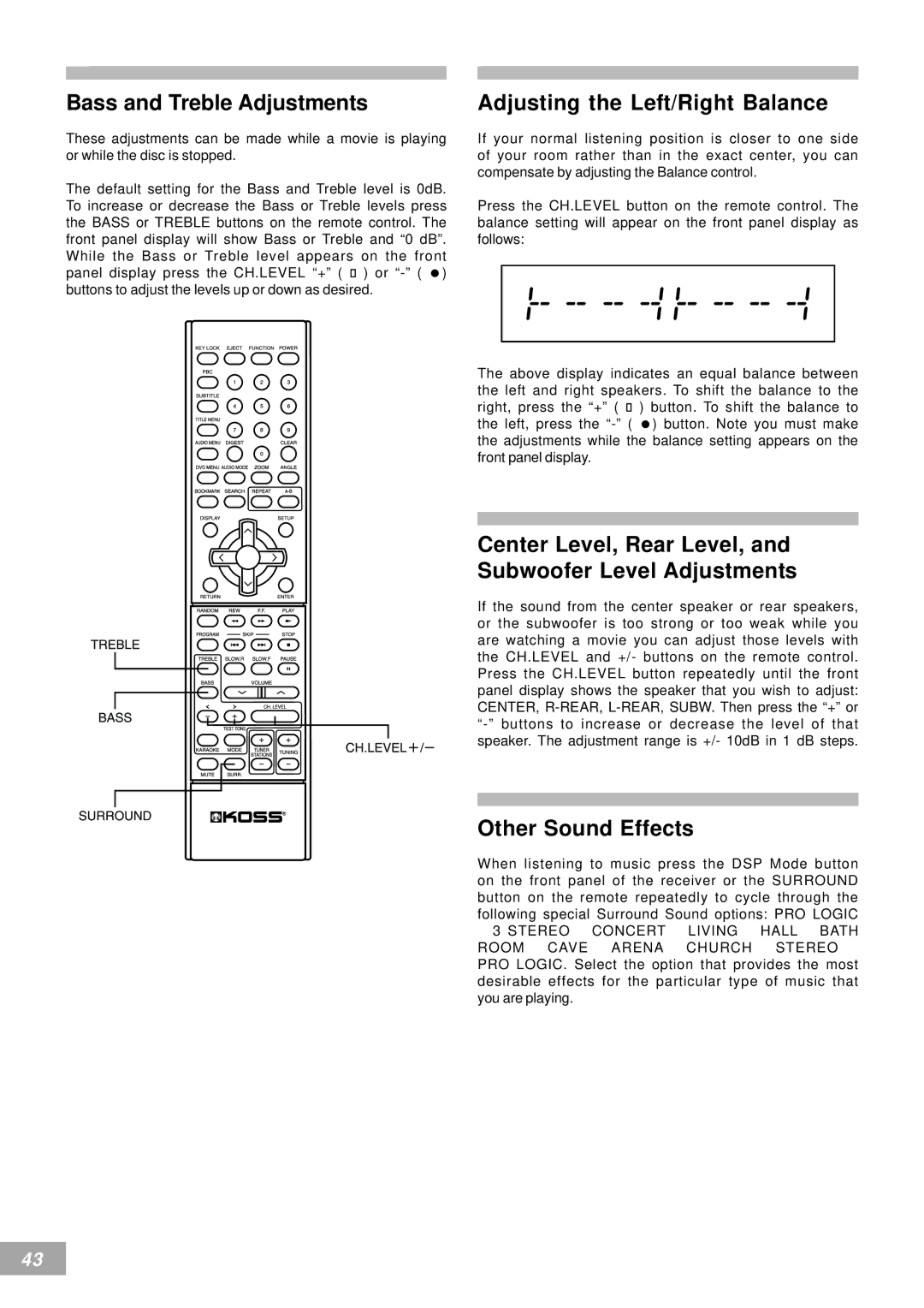 Koss KS4380-2 manual Center Level, Rear Level, and Subwoofer Level Adjustments, Other Sound Effects 