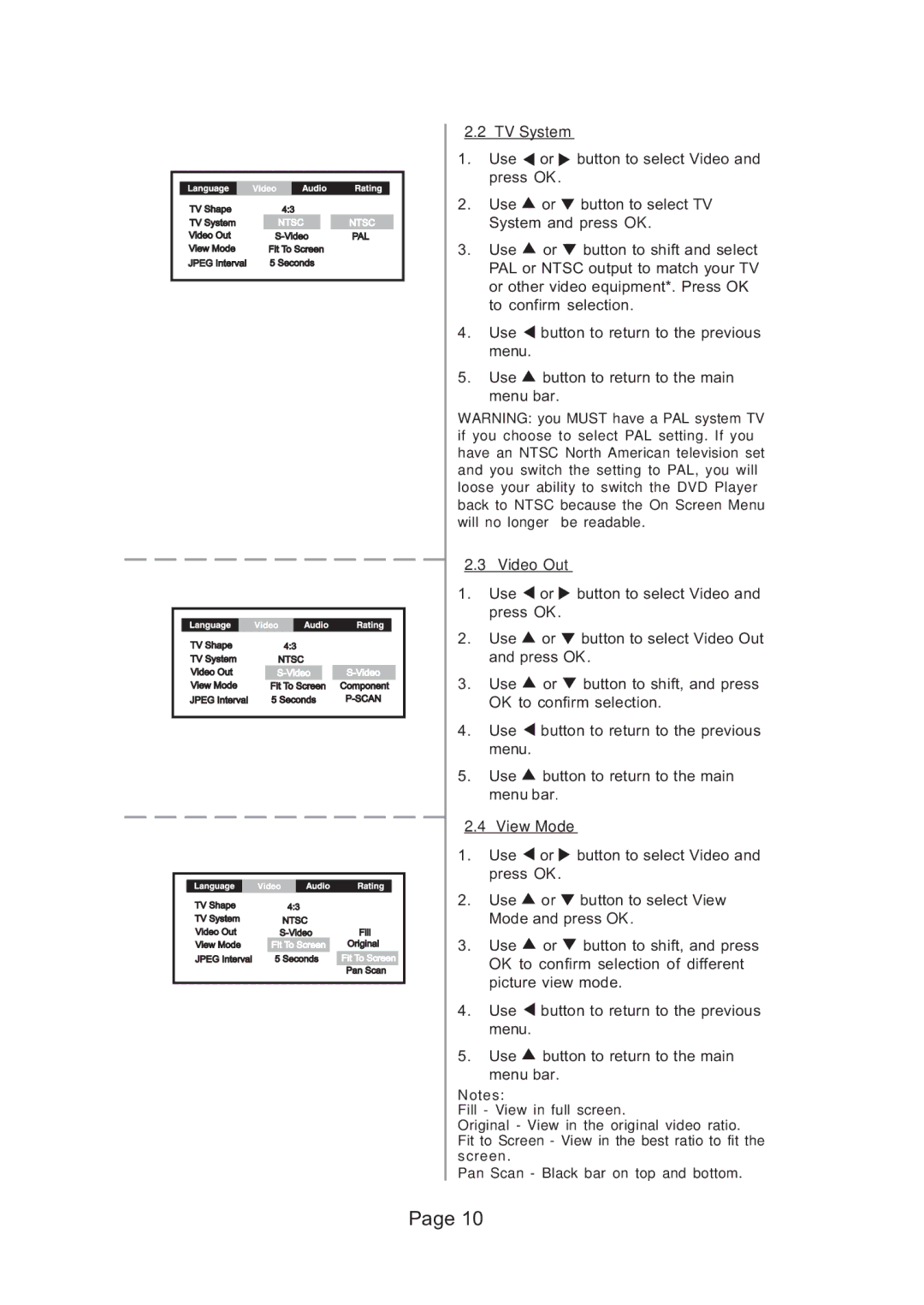 Koss KS5121 manual TV System, Video Out, View Mode 