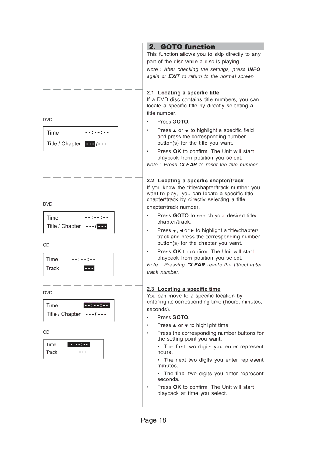 Koss KS5121 manual Goto function, Locating a specific title, Locating a specific chapter/track, Locating a specific time 