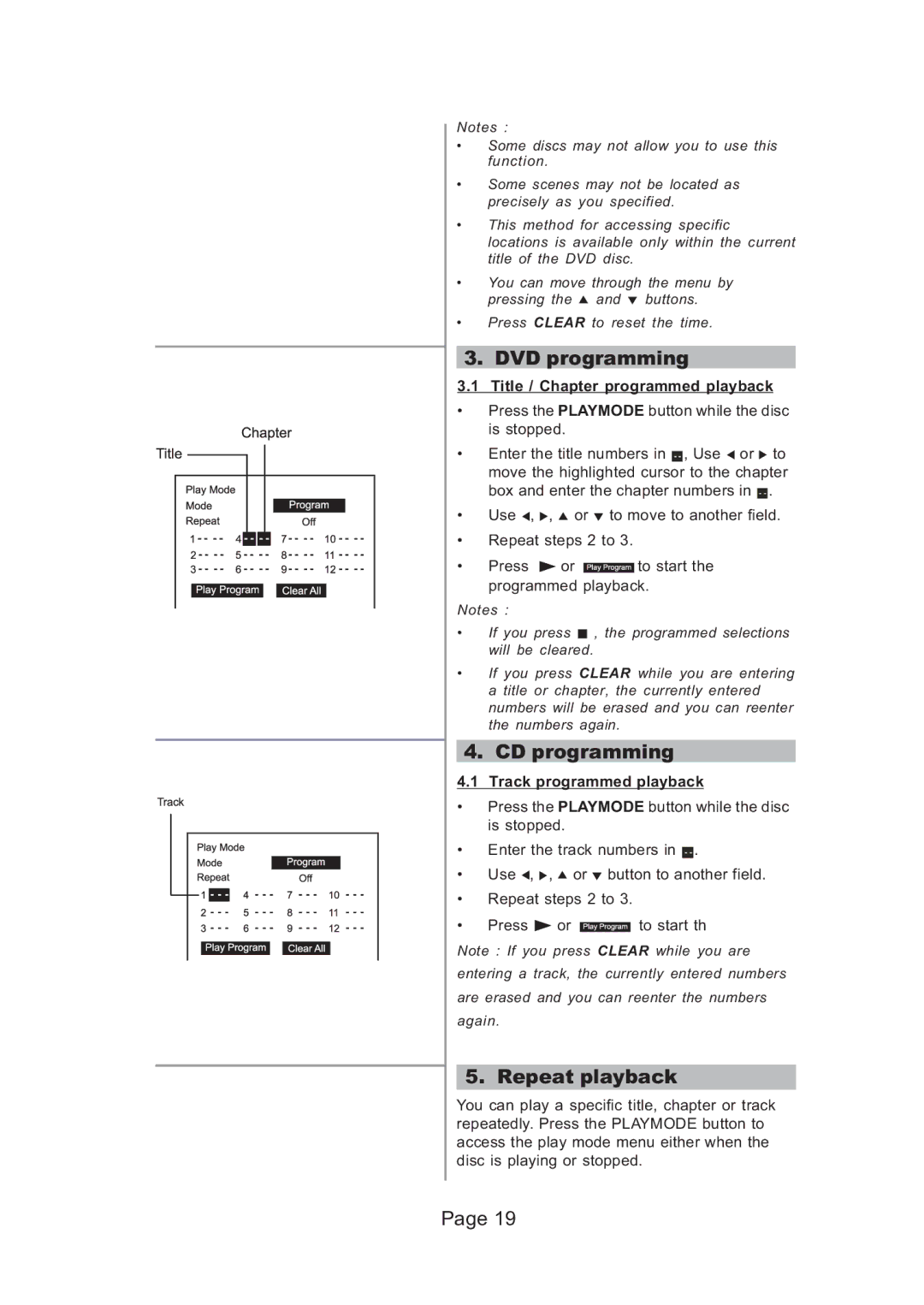 Koss KS5121 manual DVD programming, CD programming, Repeat playback, Title / Chapter programmed playback 