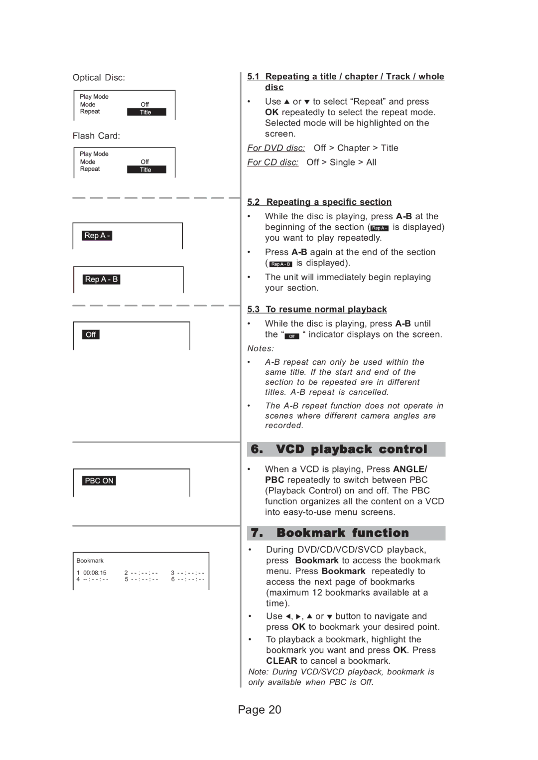 Koss KS5121 manual VCD playback control, Bookmark function, Repeating a title / chapter / Track / whole disc 
