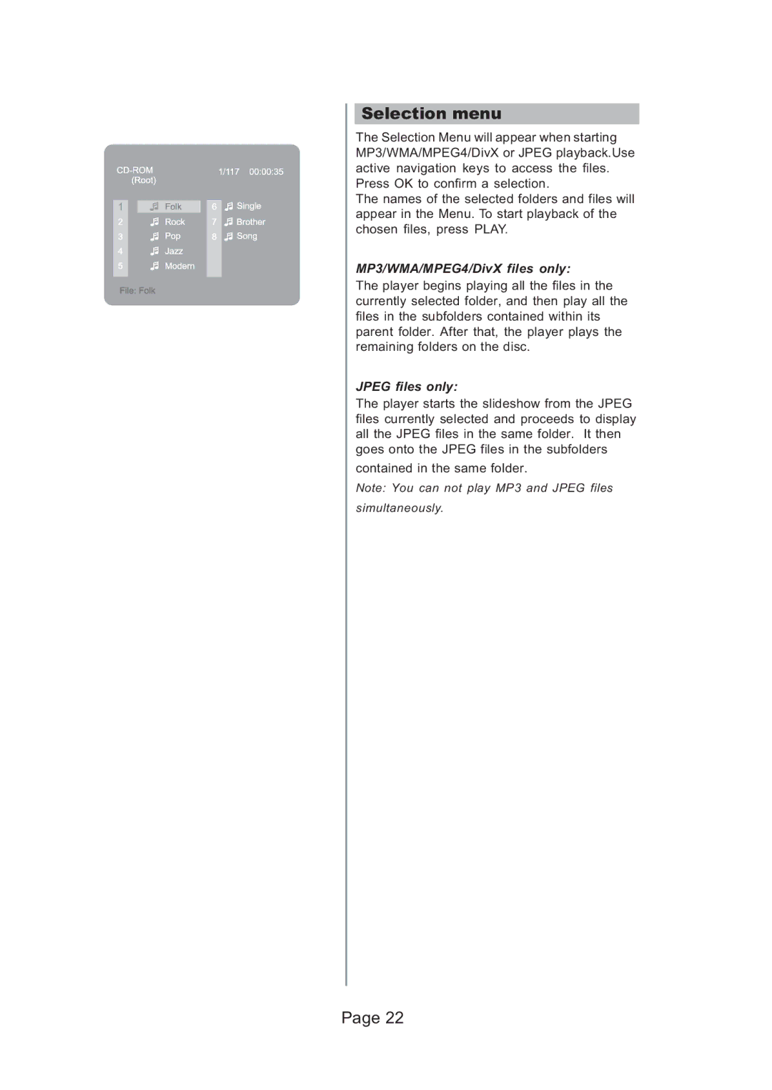 Koss KS5121 manual Selection menu, MP3/WMA/MPEG4/DivX files only 