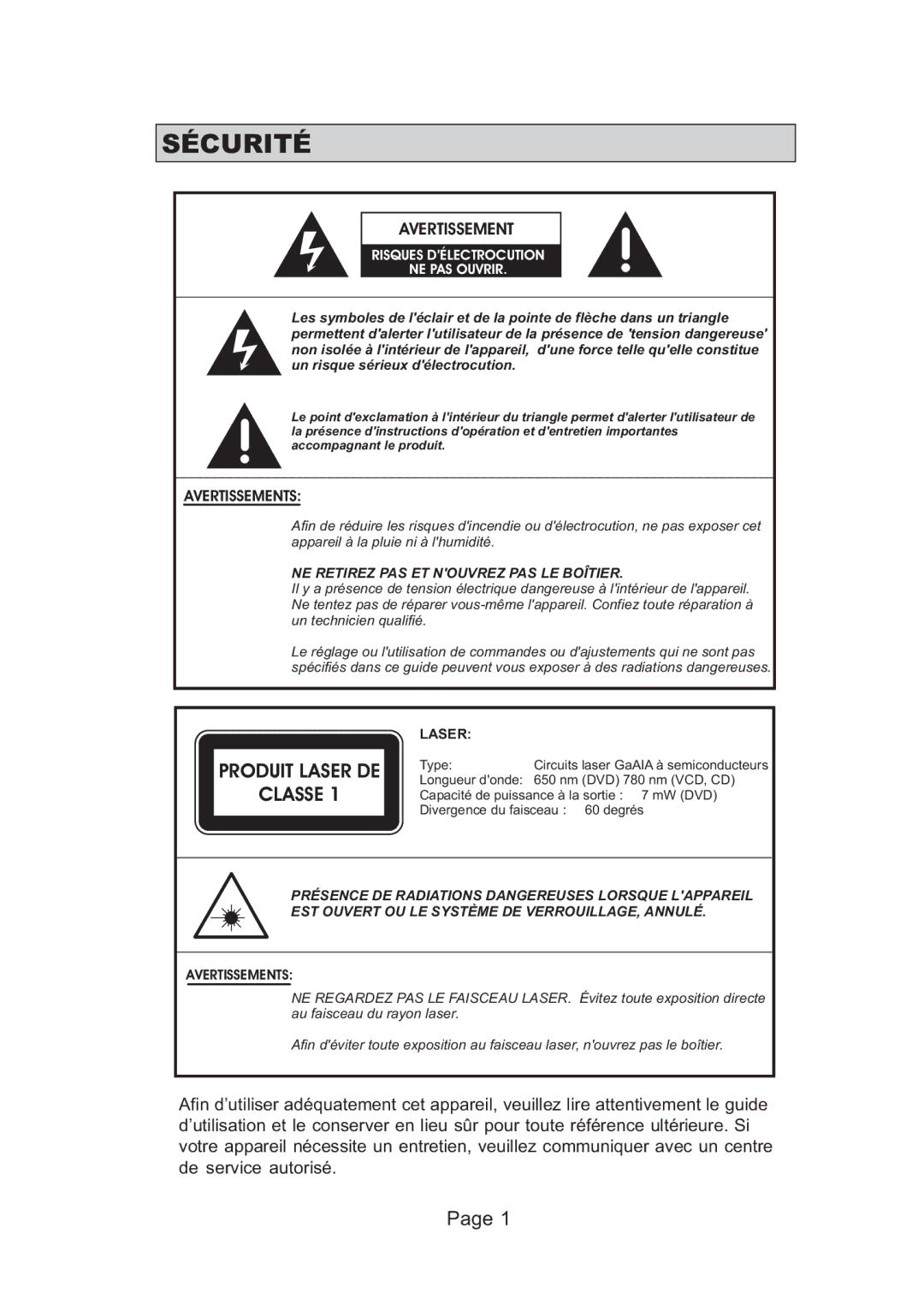 Koss KS5121 manual Sécurité, Avertissement 