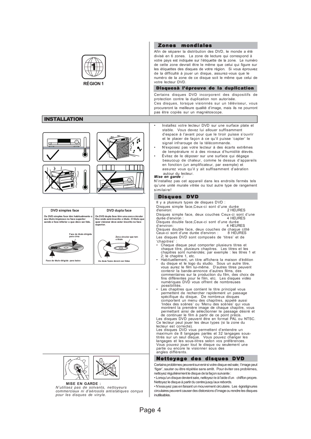 Koss KS5121 manual Zones mondiales, Disques DVD, Nettoyage des disques DVD 