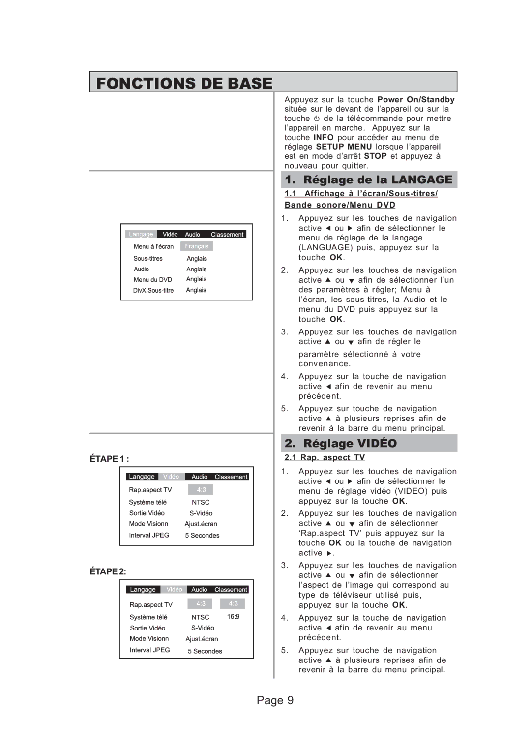 Koss KS5121 manual Fonctions DE Base, Réglage de la Langage, Réglage Vidéo, Rap. aspect TV 