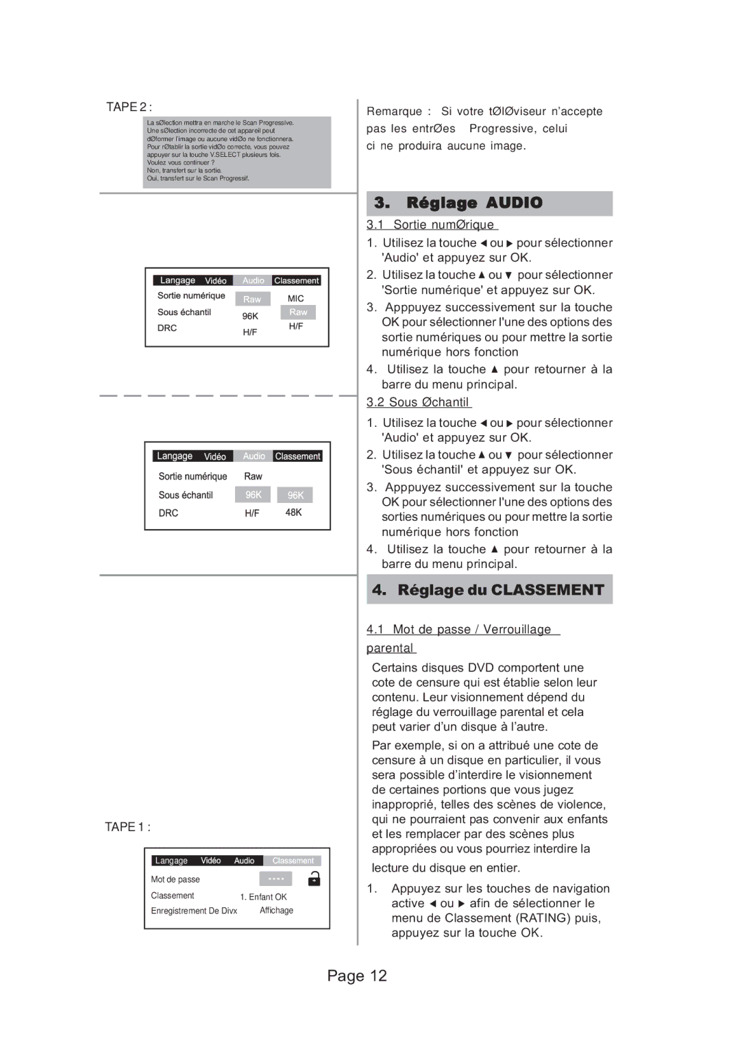 Koss KS5121 Réglage Audio, Réglage du Classement, Sortie numérique, Sous échantil, Mot de passe / Verrouillage parental 