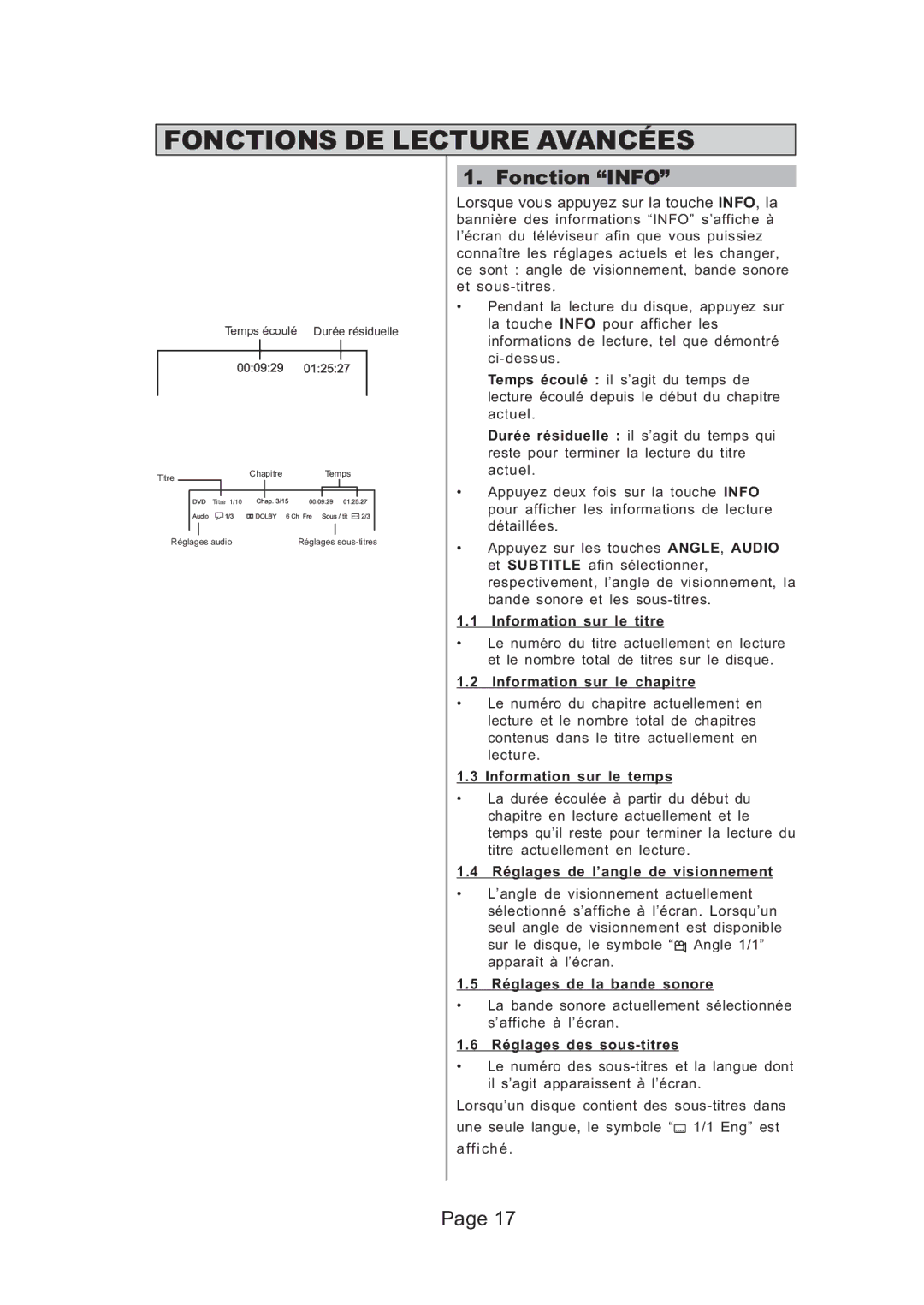 Koss KS5121 manual Fonctions DE Lecture Avancées, Fonction Info 