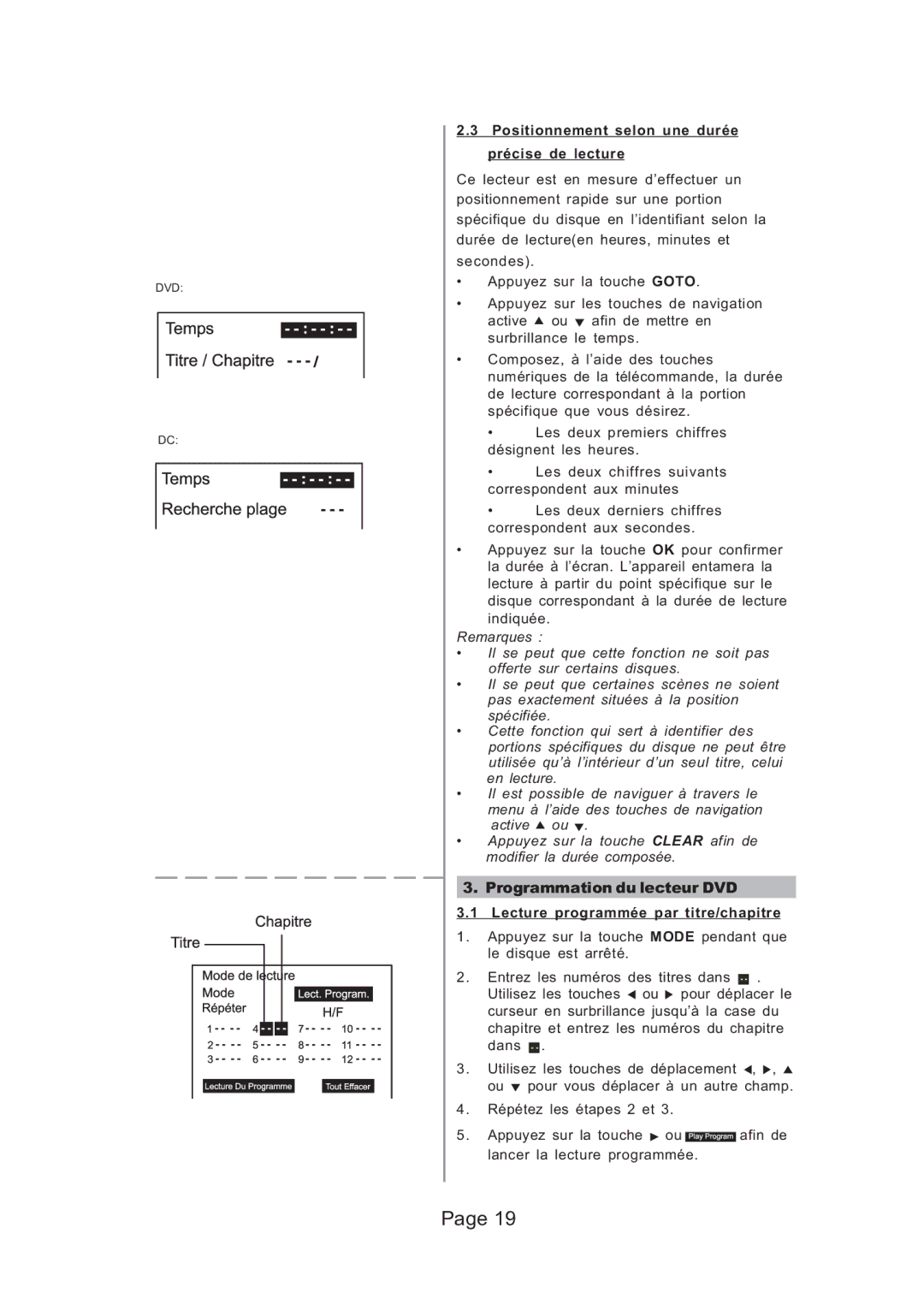 Koss KS5121 manual Programmation du lecteur DVD, Positionnement selon une durée précise de lecture 