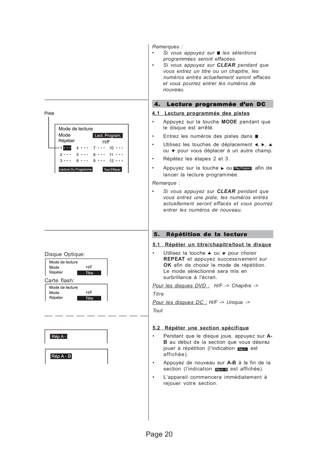 Koss KS5121 manual Lecture programmée d’un DC, Répétition de la lecture, Lecture programmée des pistes 