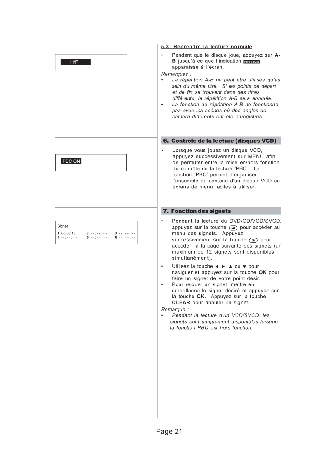 Koss KS5121 manual Contrôle de la lecture disques VCD, Fonction des signets, Reprendre la lecture normale 