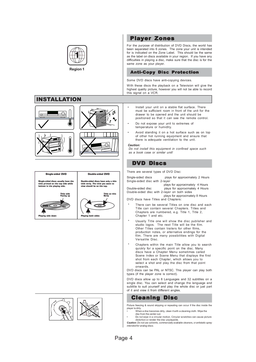 Koss KS5121 manual Player Zones, DVD Discs, Cleaning Disc, Anti-Copy Disc Protection, Region 