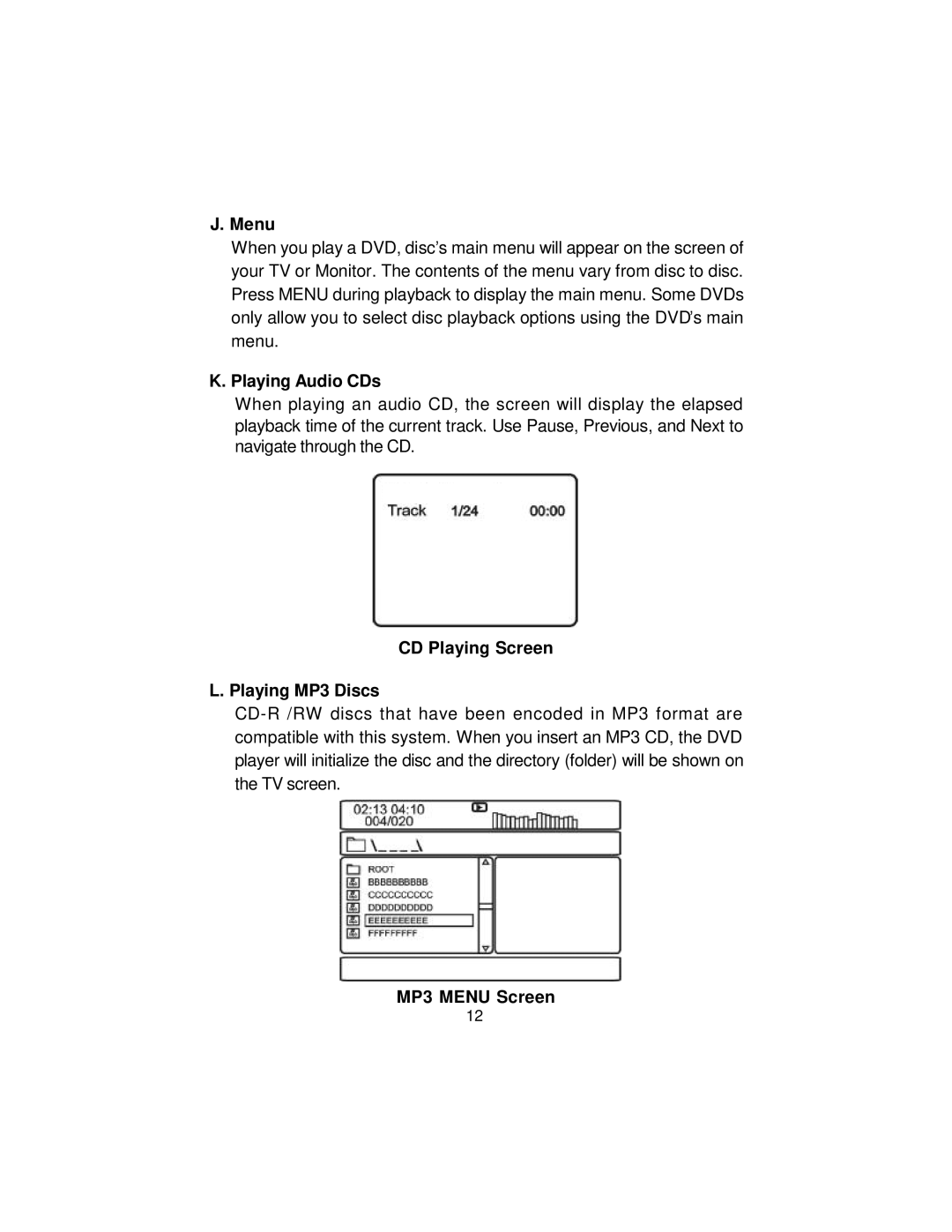 Koss KS5429-2 owner manual Playing Audio CDs, CD Playing Screen Playing MP3 Discs, MP3 Menu Screen 