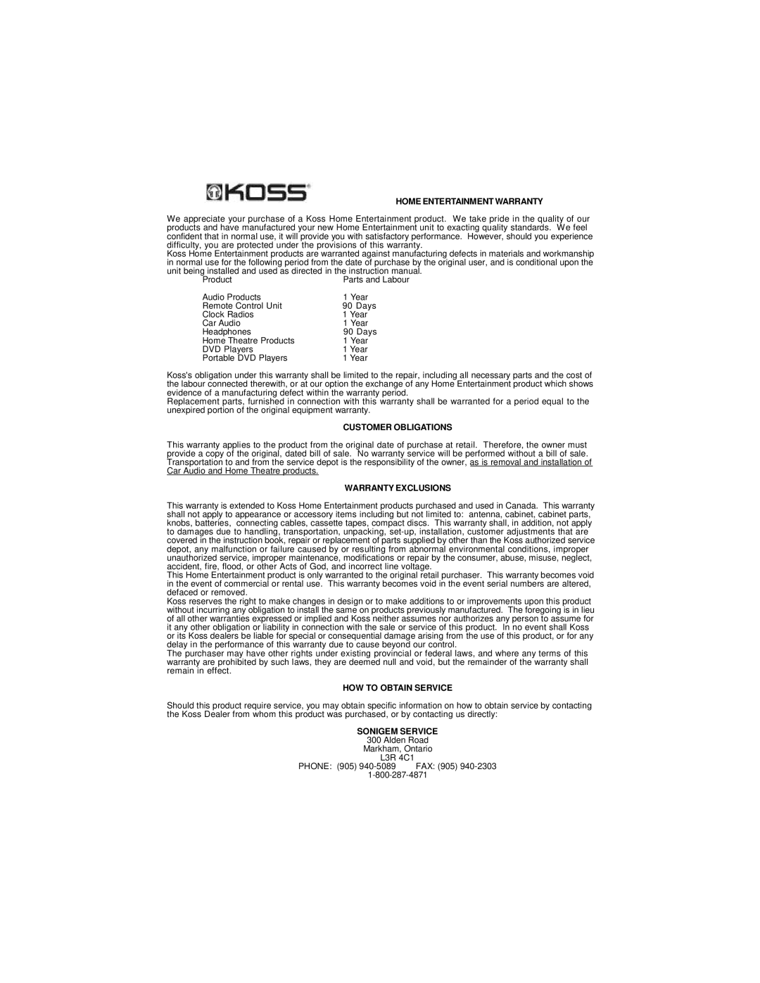 Koss KS5429-2 owner manual Sonigem Service 